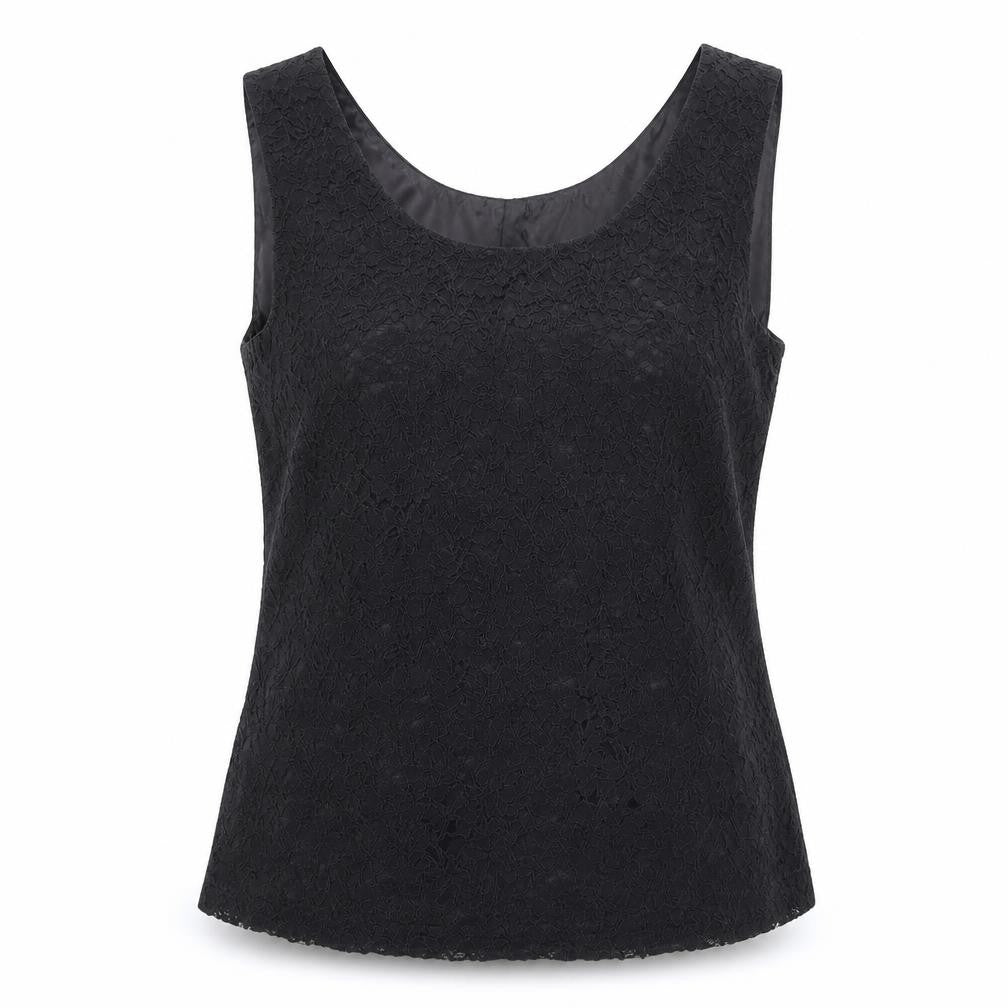Front view of Scarlett women’s black floral polyester basic tank, size UK 12, round neck