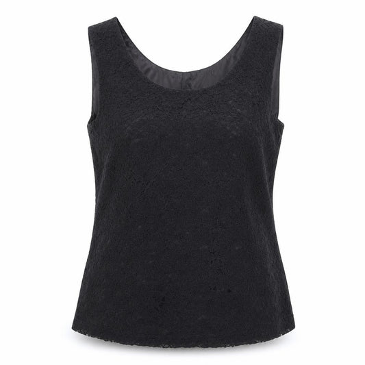 Front view of Scarlett women’s black floral polyester basic tank, size UK 12, round neck