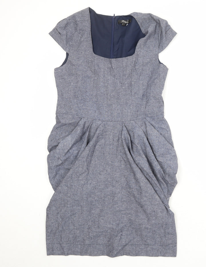 Heaven Womens Grey Cotton Pencil Dress Size 12 Square Neck Zip - Draped Detail