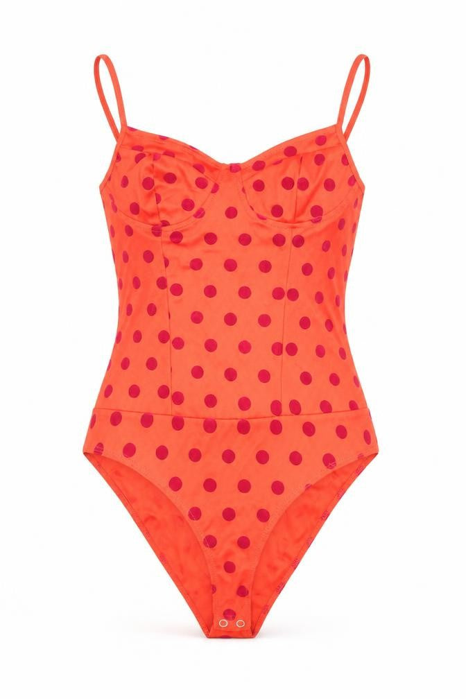 Front view of Zara women’s orange polka dot polyester bodysuit one-piece, size S, snap