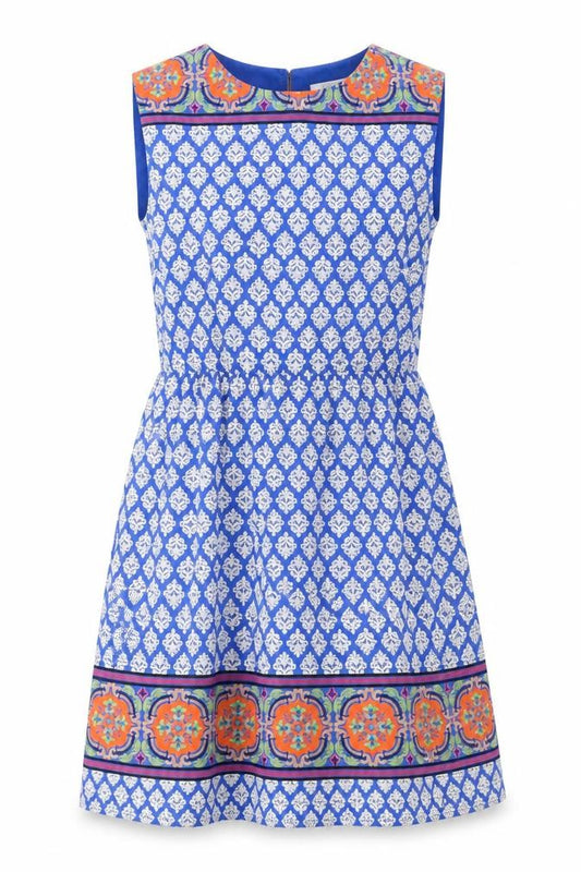 Front view of Esley women’s blue geometric polyester a-line, size M, round neck zip