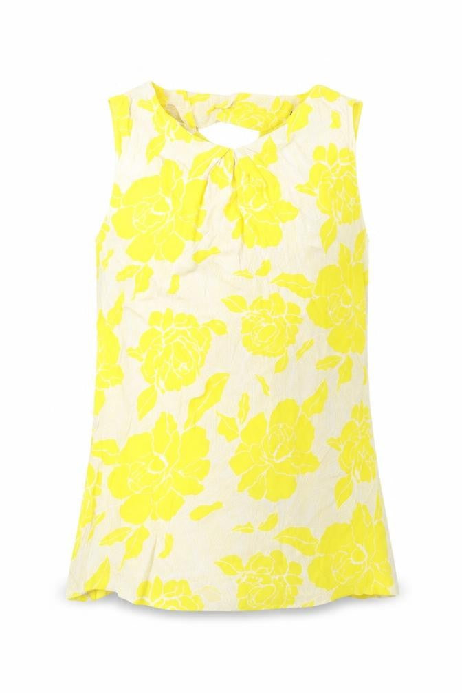 Front view of Warehouse women’s yellow floral viscose basic tank, size UK 12, round neck
