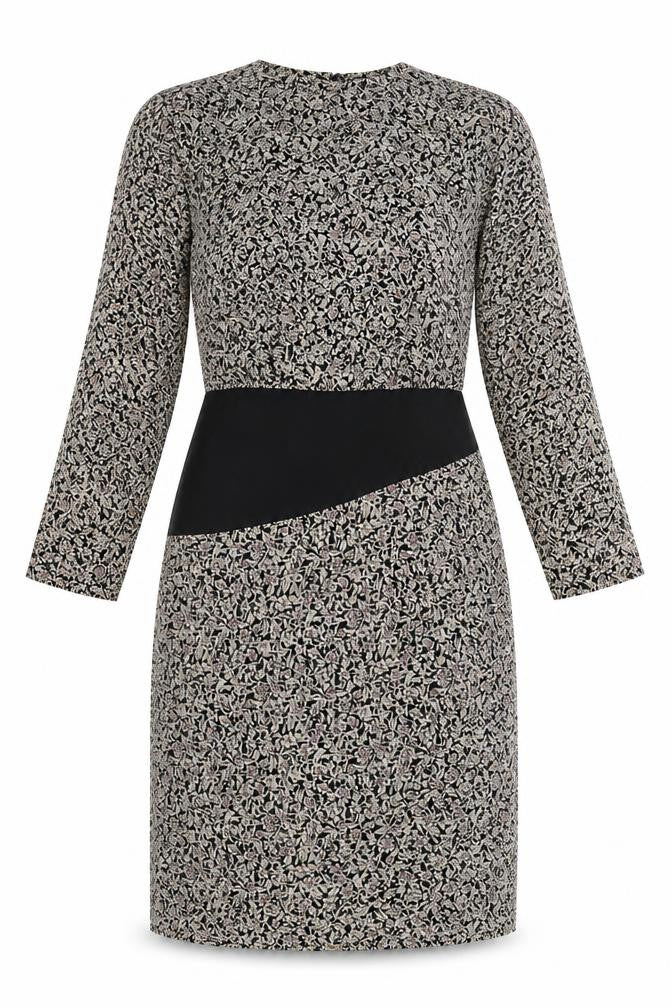 Front view of Geoff Riddell women’s multicoloured geometric polyester a-line, size UK 14, round neck zip