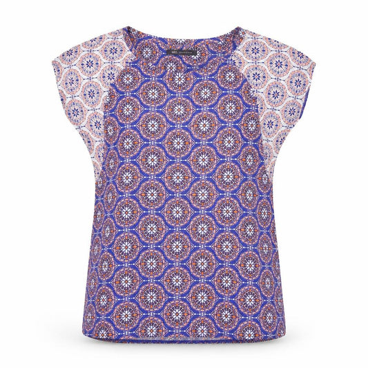 Front view of Marks & Spencer women’s blue geometric polyester basic t-shirt, size UK 10, round neck