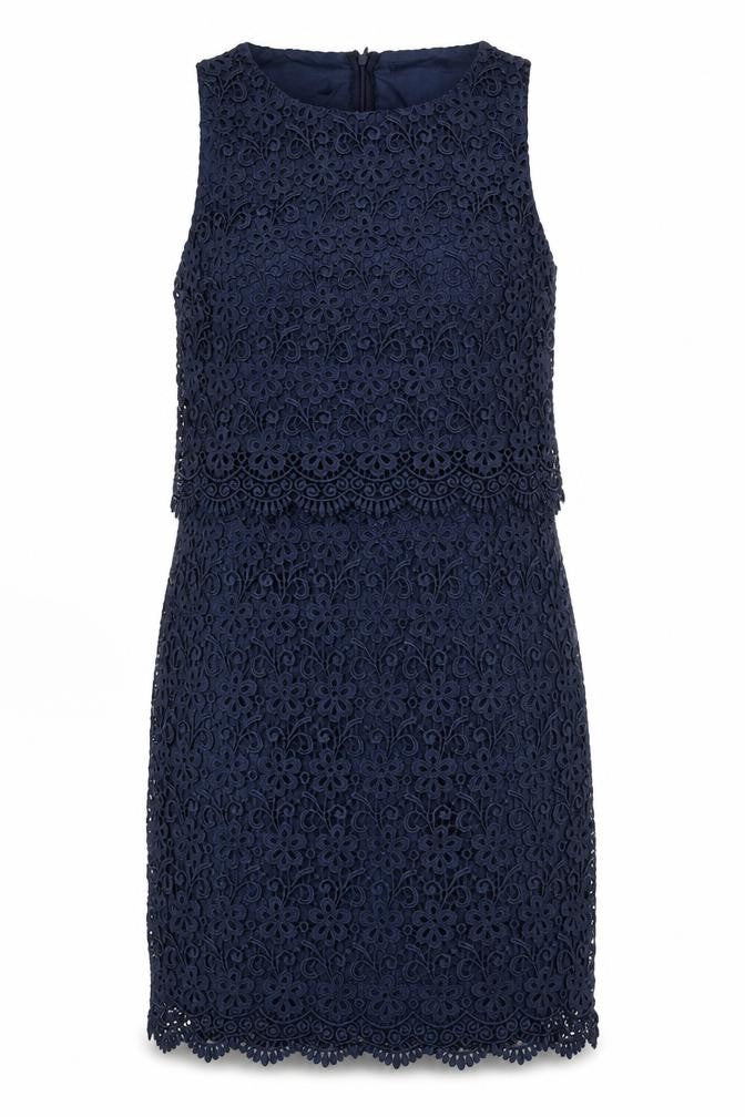 Front view of Monsoon women’s blue geometric polyester a-line, size UK 10, round neck zip