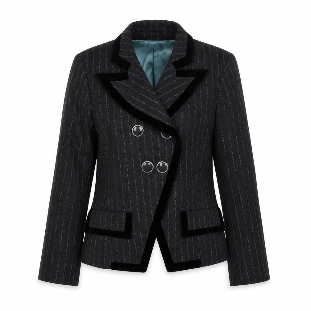 Front view of Miss Real women’s grey striped jacket blazer, size UK 10, button