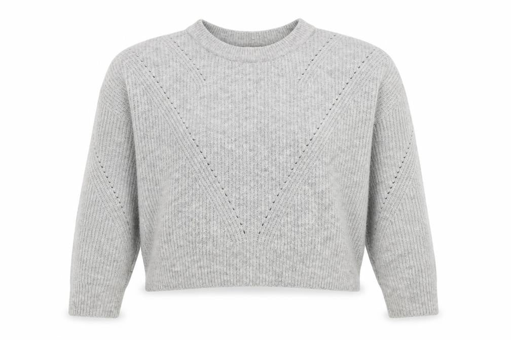 Front view of Topshop women’s grey round neck acrylic jumper, size S