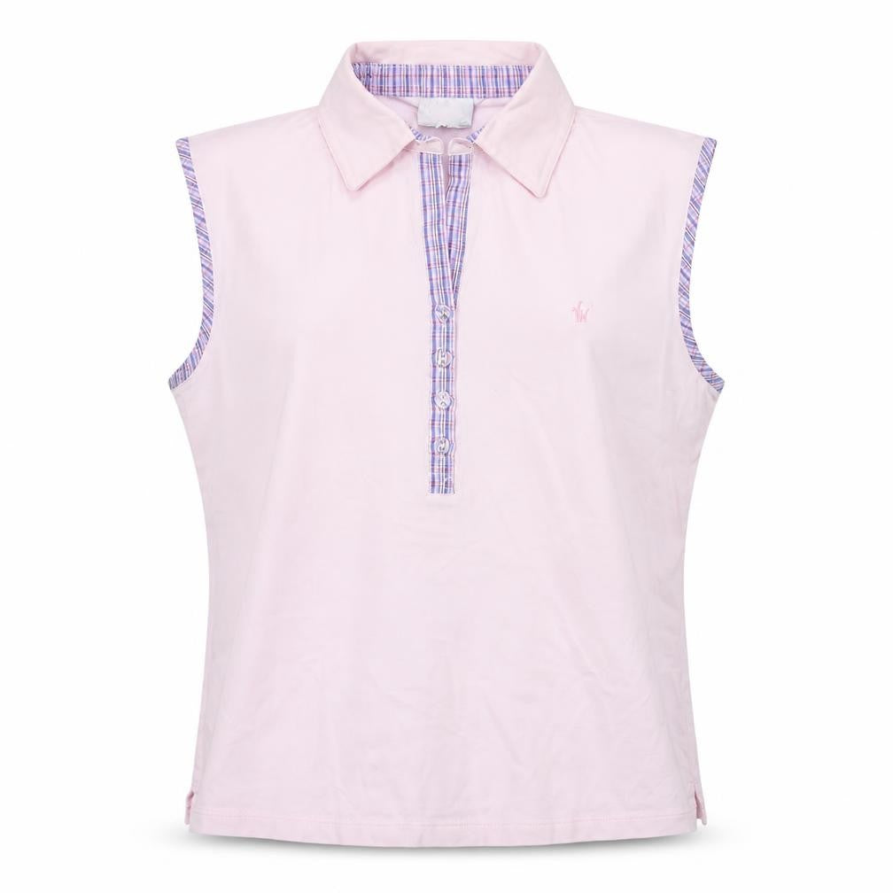 Front view of Valerie Herman women’s pink cotton basic t-shirt, size UK 16, collared
