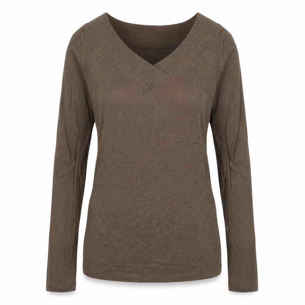 Front view of Moxie women’s brown v-neck polyester jumper, size M