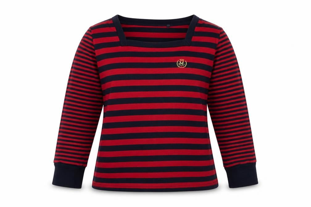 Front view of David Emanuel women’s red striped cotton pullover sweatshirt, size UK 14, pullover