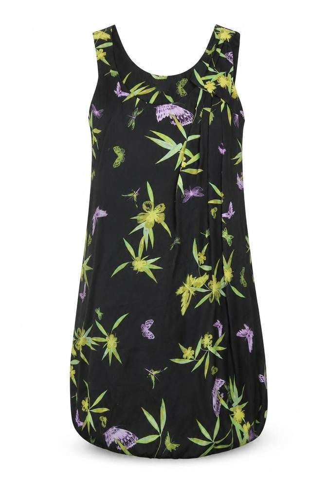 Front view of H&M women’s black floral polyester shift, size UK 6, scoop neck pullover
