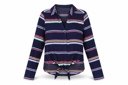 Front view of Oasis women’s blue striped viscose basic button-up, size UK 8, collared - knot front
