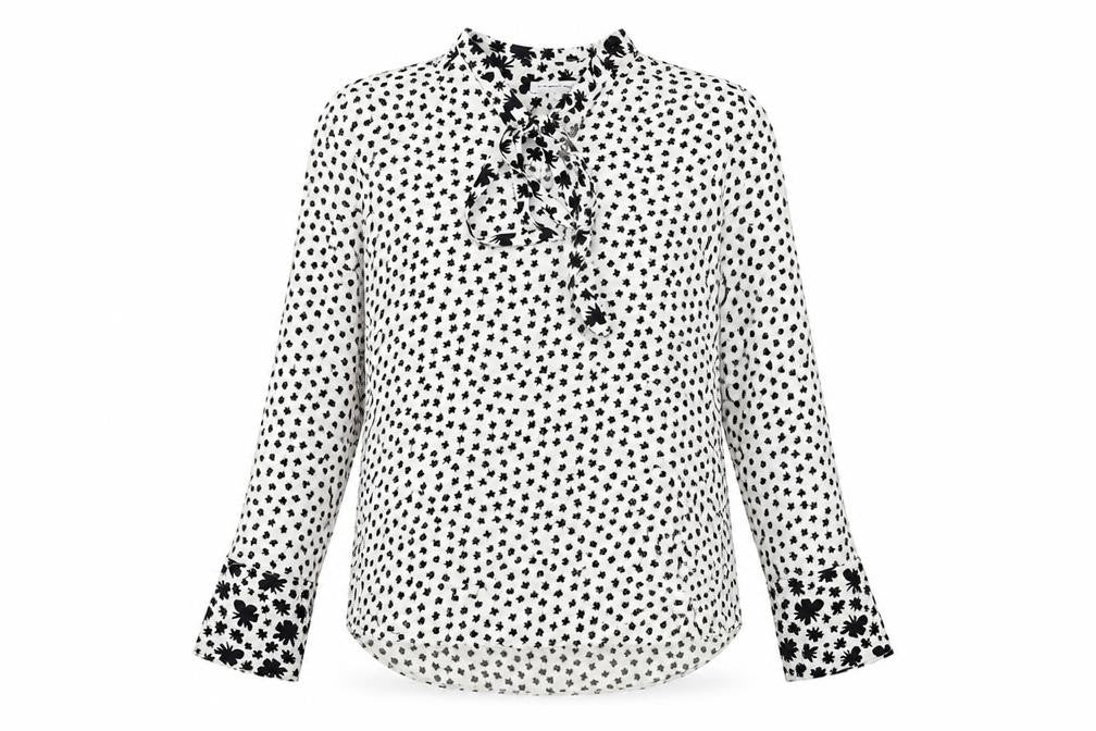 Front view of Fenn Wright Manson women’s white geometric polyester basic blouse, size UK 10, v-neck