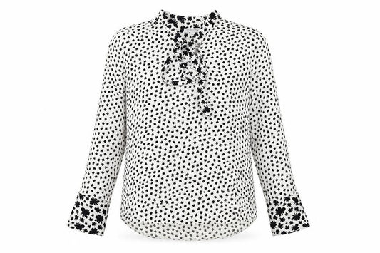 Front view of Fenn Wright Manson women’s white geometric polyester basic blouse, size UK 10, v-neck