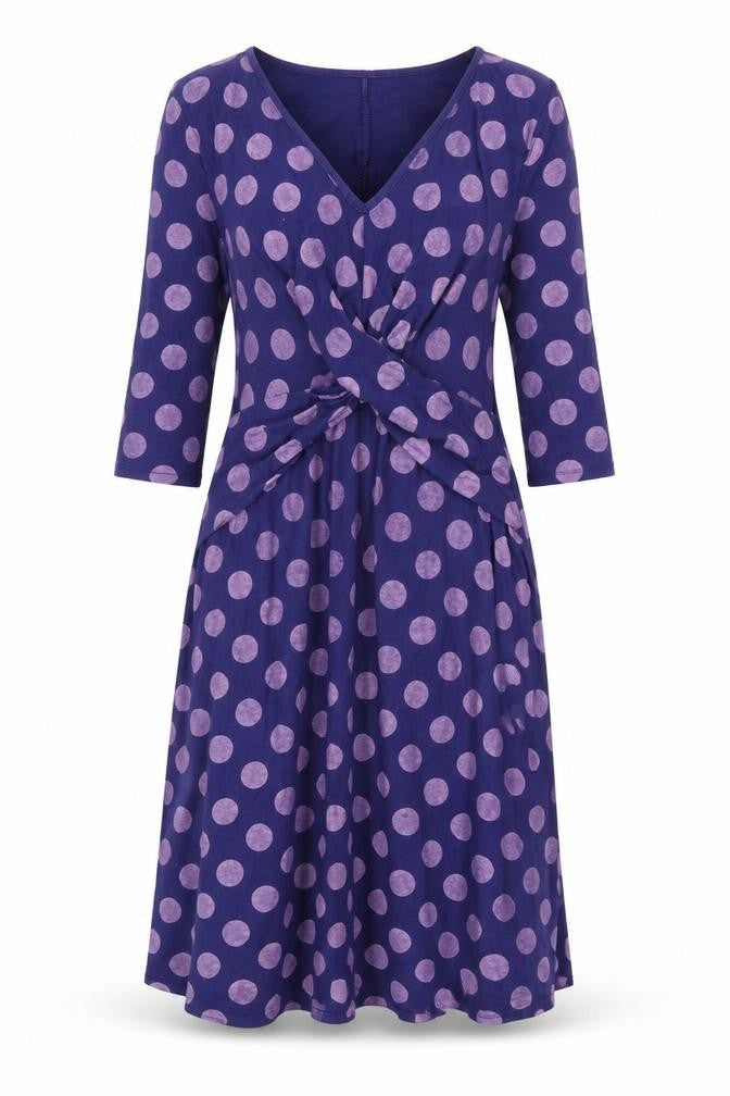 Front view of ASOS women’s purple polka dot viscose trapeze & swing, size UK 10, v-neck pullover