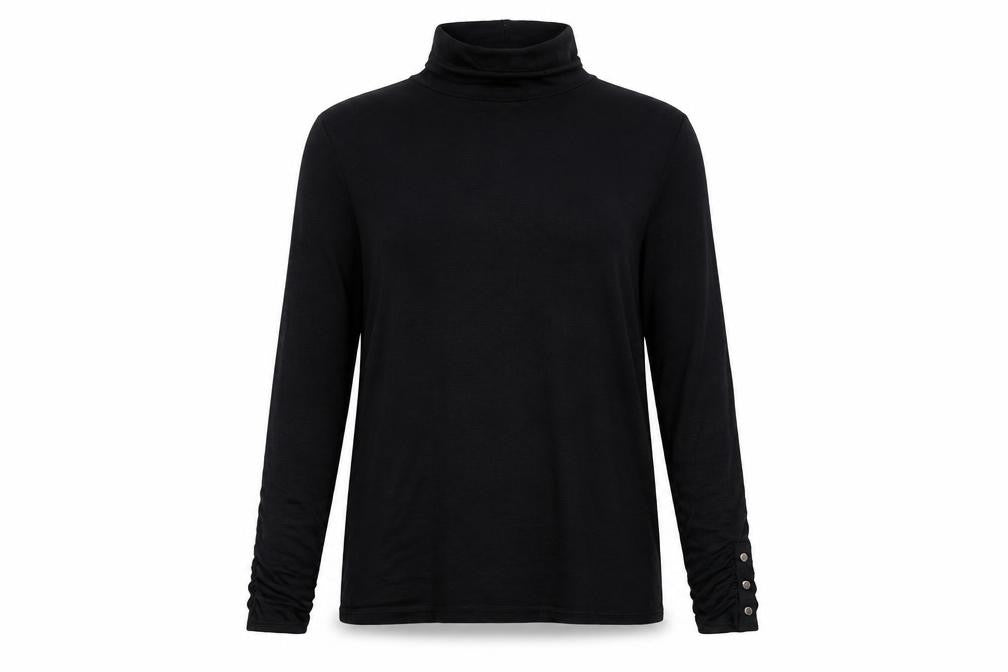 Front view of Marble women’s black viscose basic t-shirt, size UK 8, roll neck