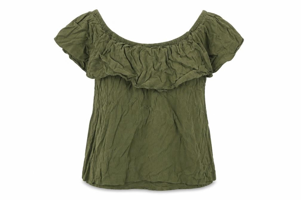 Front view of Miss Selfridge women’s green viscose basic blouse, size UK 10, boat neck