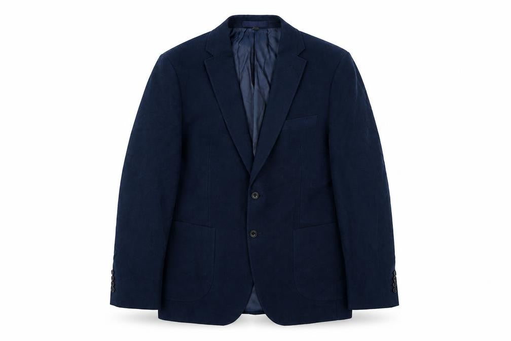 Front view of Emmetex men’s blue polyester jacket suit jacket, size 44, regular
