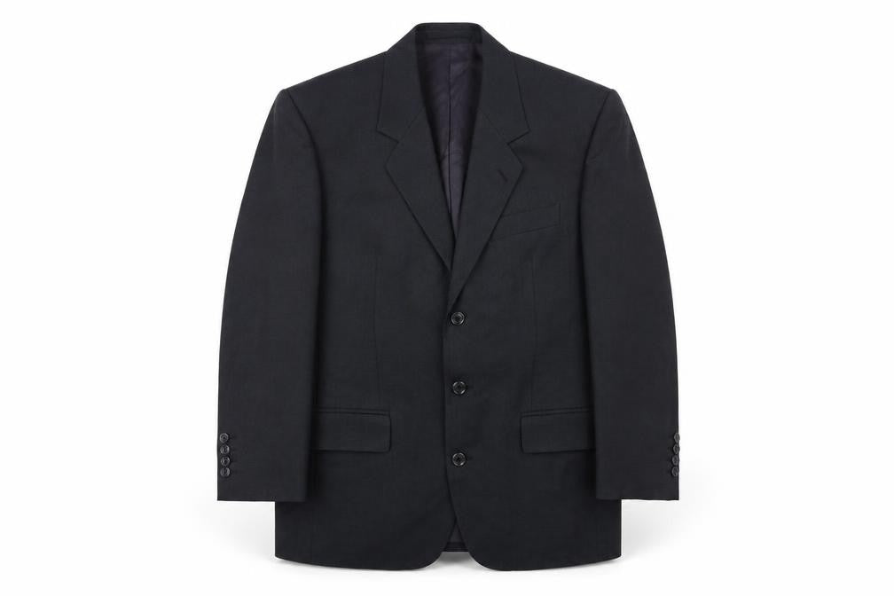 Front view of Pin Stripe men’s black polyester jacket suit jacket, size 38, regular