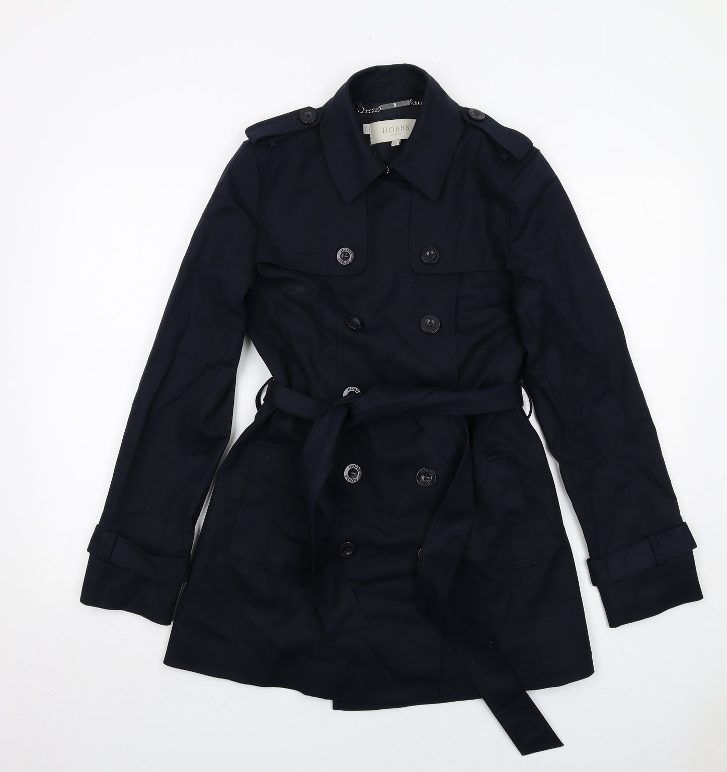 Hobbs Womens Blue Trench Coat Coat Size 10 Button