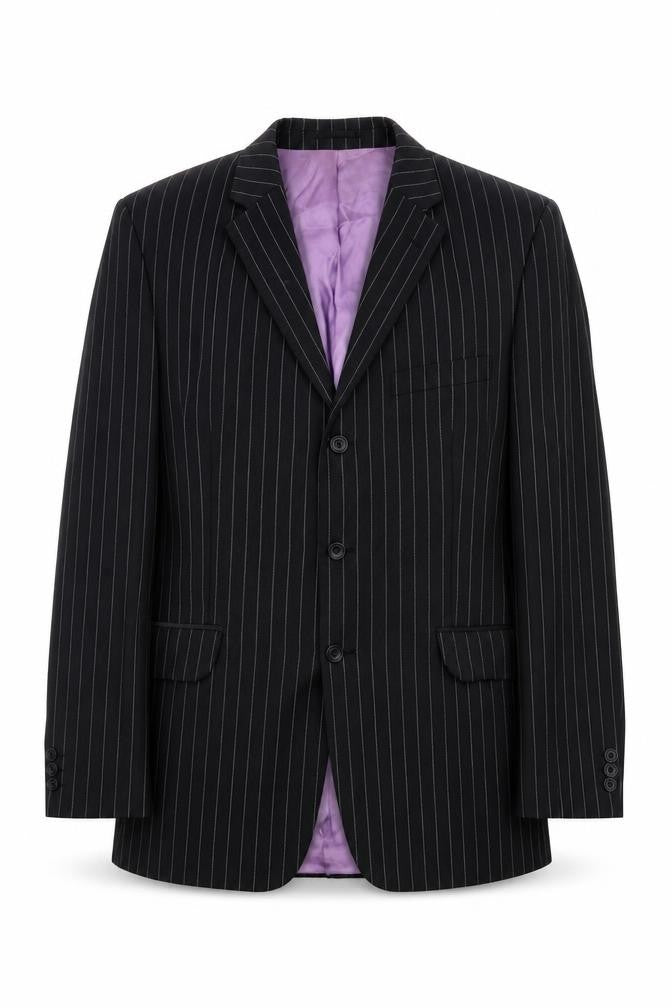 Front view of Fellini men’s black striped wool jacket suit jacket, size 44, regular