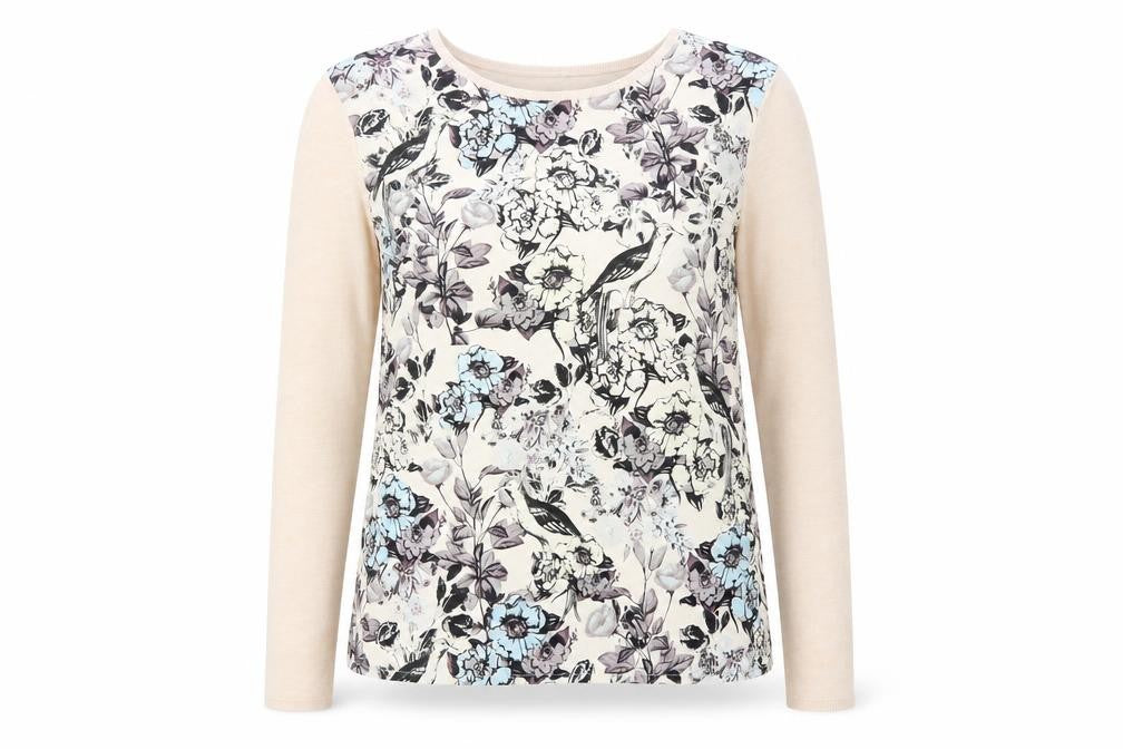Front view of Warehouse women’s beige round neck floral polyester jumper, size L
