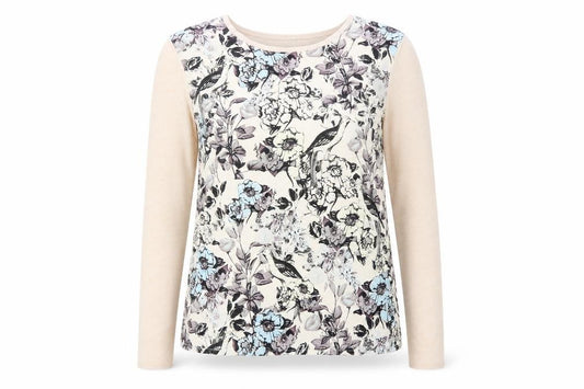 Front view of Warehouse women’s beige round neck floral polyester jumper, size L