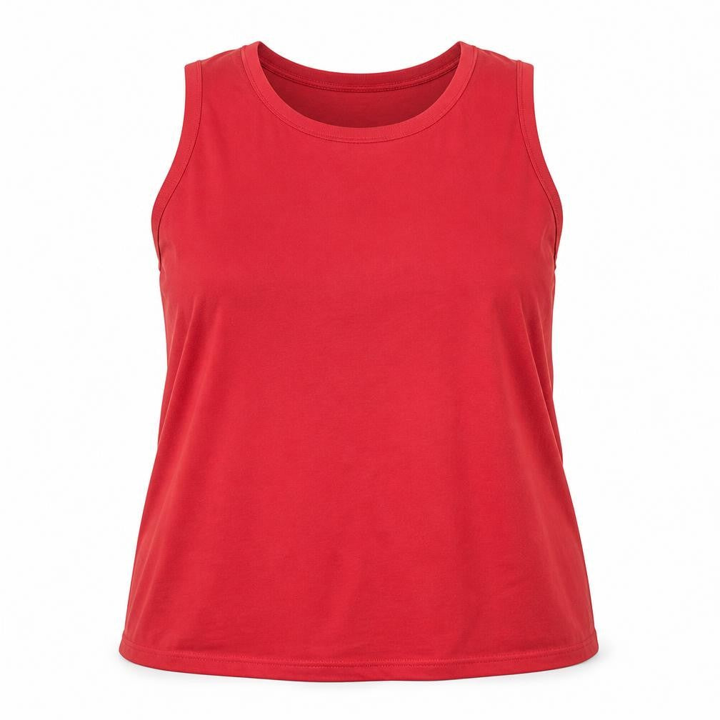 Front view of Essence women’s red polyester basic tank, size UK 22, round neck