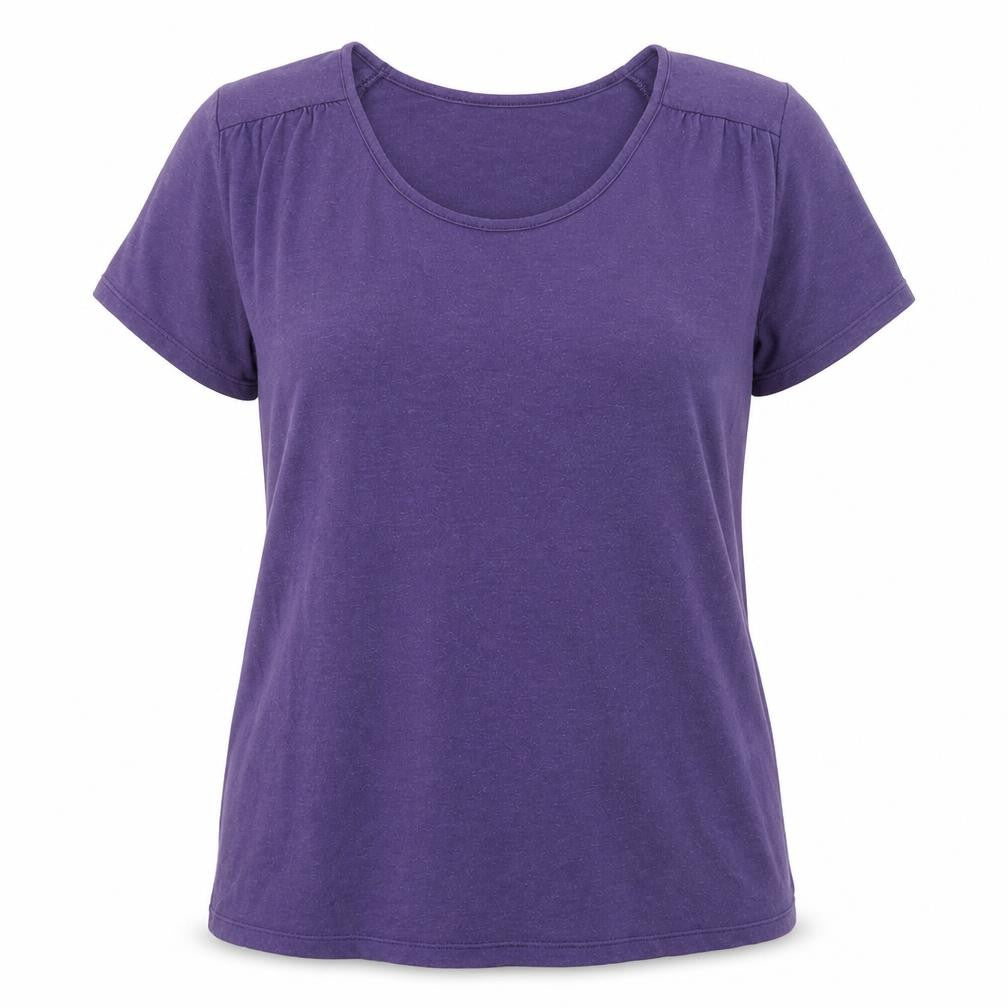 Front view of Antoine & Lili women’s purple viscose basic t-shirt, size UK 4, round neck