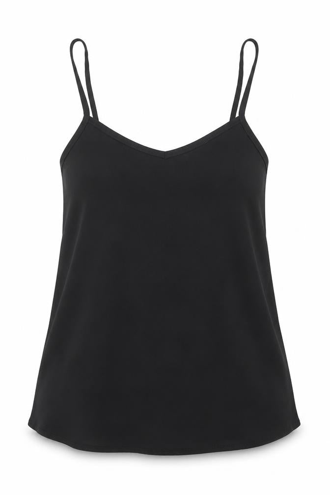 Front view of Topshop women’s black polyester basic tank, size UK 8, v-neck