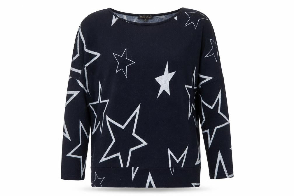 Front view of Caroline Morgan women’s blue round neck geometric polyester jumper, size UK 10, - star pattern