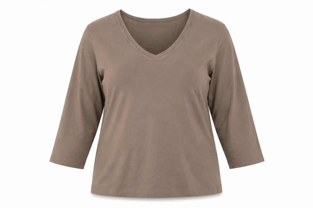 Front view of Gerry Weber women’s brown polyester basic t-shirt, size UK 16, v-neck