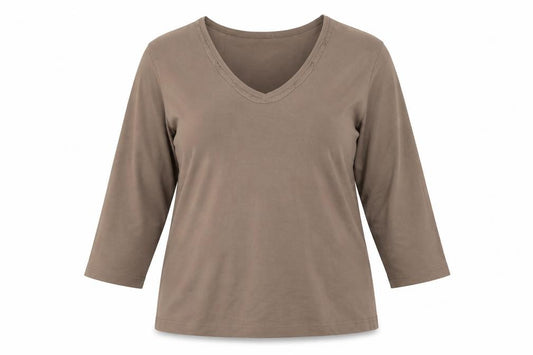 Front view of Gerry Weber women’s brown polyester basic t-shirt, size UK 16, v-neck