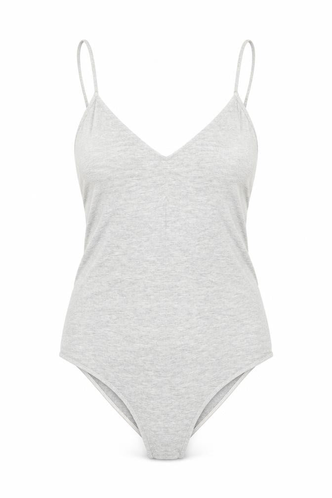 Front view of H&M women’s grey cotton bodysuit one-piece, size S, snap