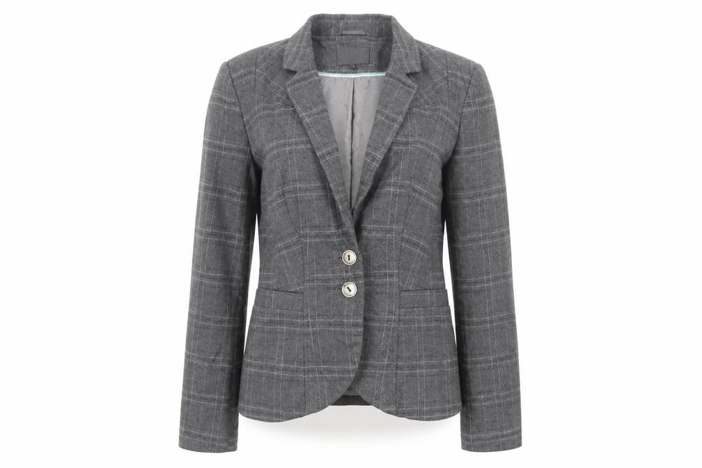Front view of Next women’s grey plaid polyester jacket blazer, size UK 6
