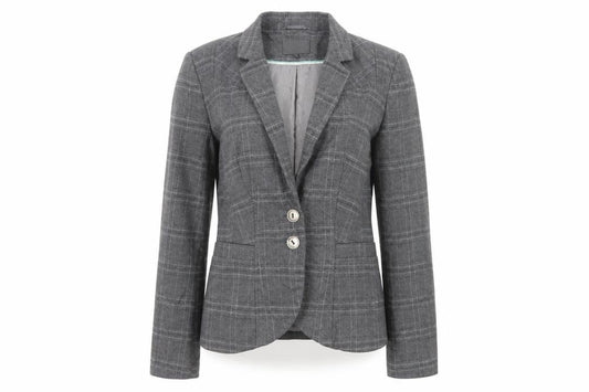 Front view of Next women’s grey plaid polyester jacket blazer, size UK 6