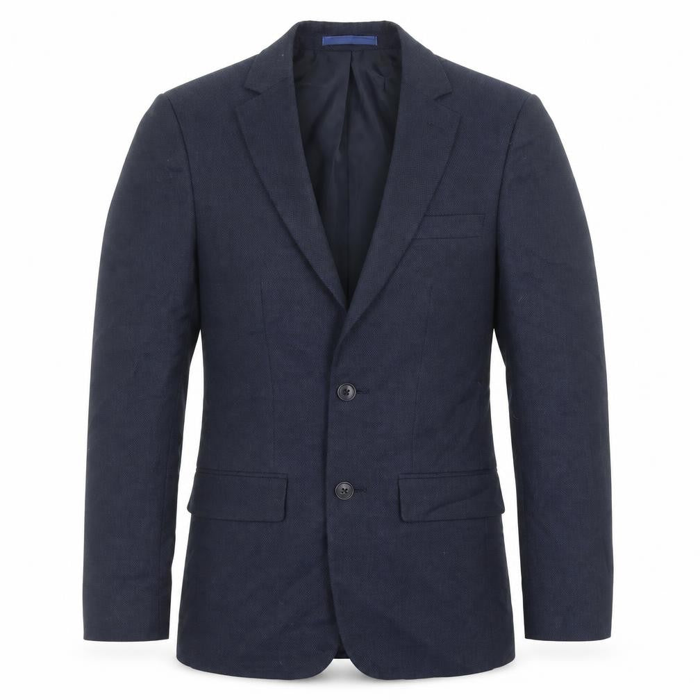 Front view of Marks & Spencer men’s blue polyester jacket suit jacket, size 34, regular