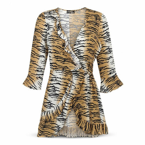 Urban Outfitters Womens Brown Animal Print Polyester Wrap Dress Size S V-Neck Tie - Tiger Print