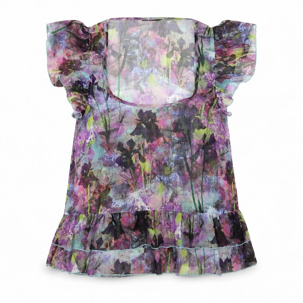 Front view of Miss Selfridge women’s purple geometric polyester basic blouse, size UK 12, scoop neck