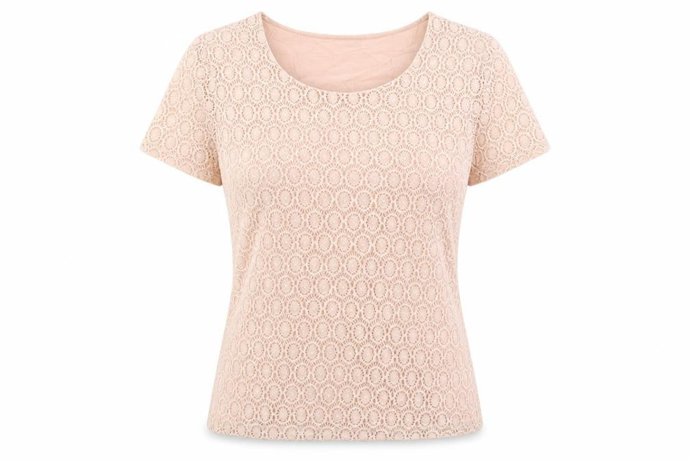 Front view of Planet women’s pink geometric viscose basic t-shirt, size M, round neck