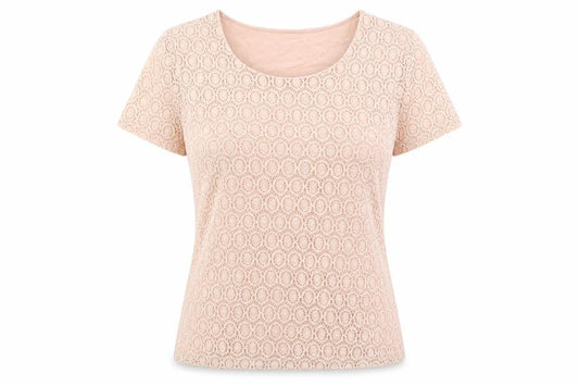 Front view of Planet women’s pink geometric viscose basic t-shirt, size M, round neck