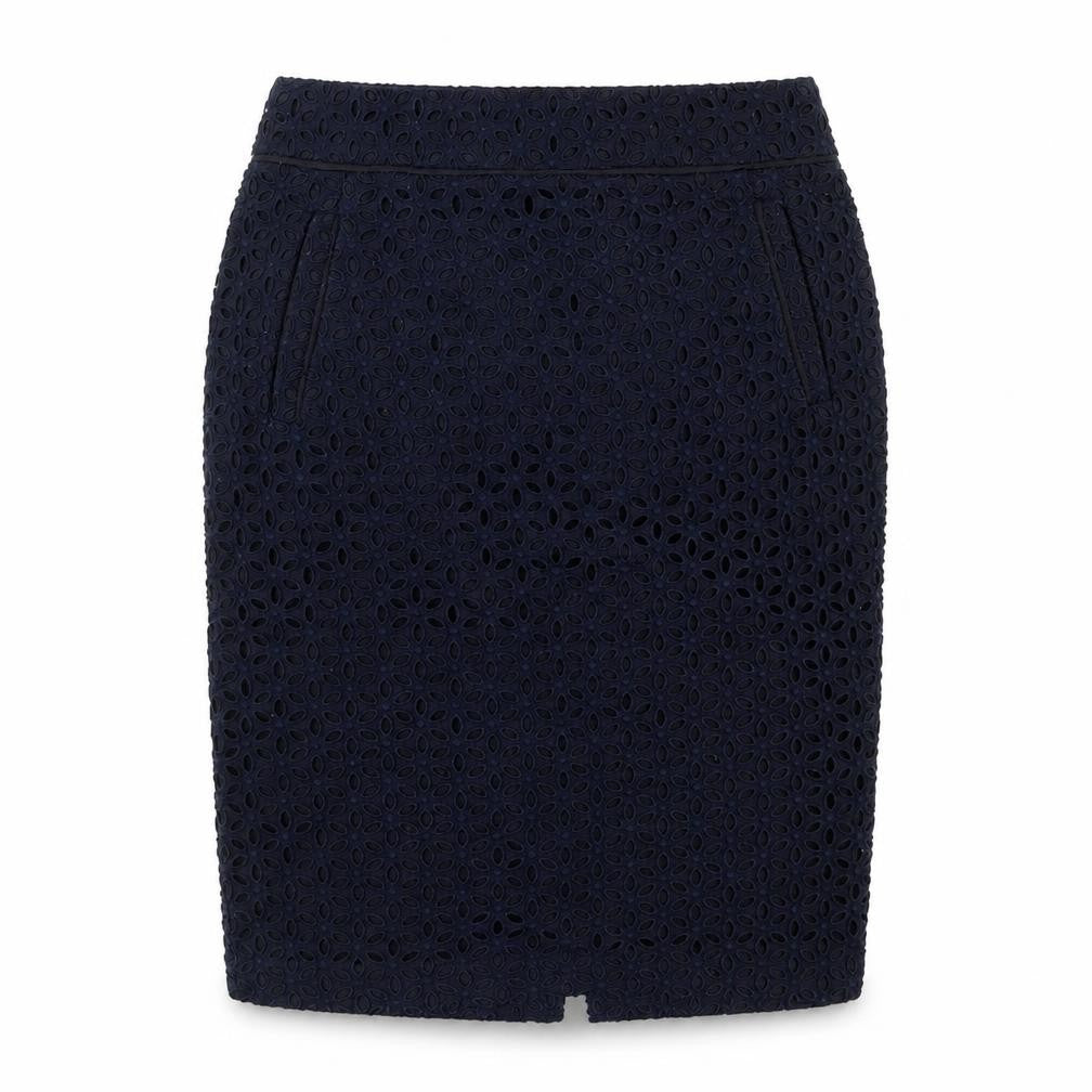 Front view of Autograph women’s blue geometric polyester a-line skirt, size UK 32, in zip