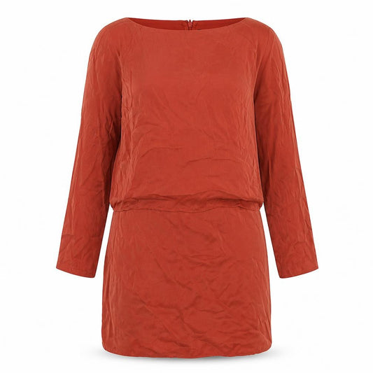 Front view of French Connection women’s orange cupro a-line, size UK 12, boat neck zip