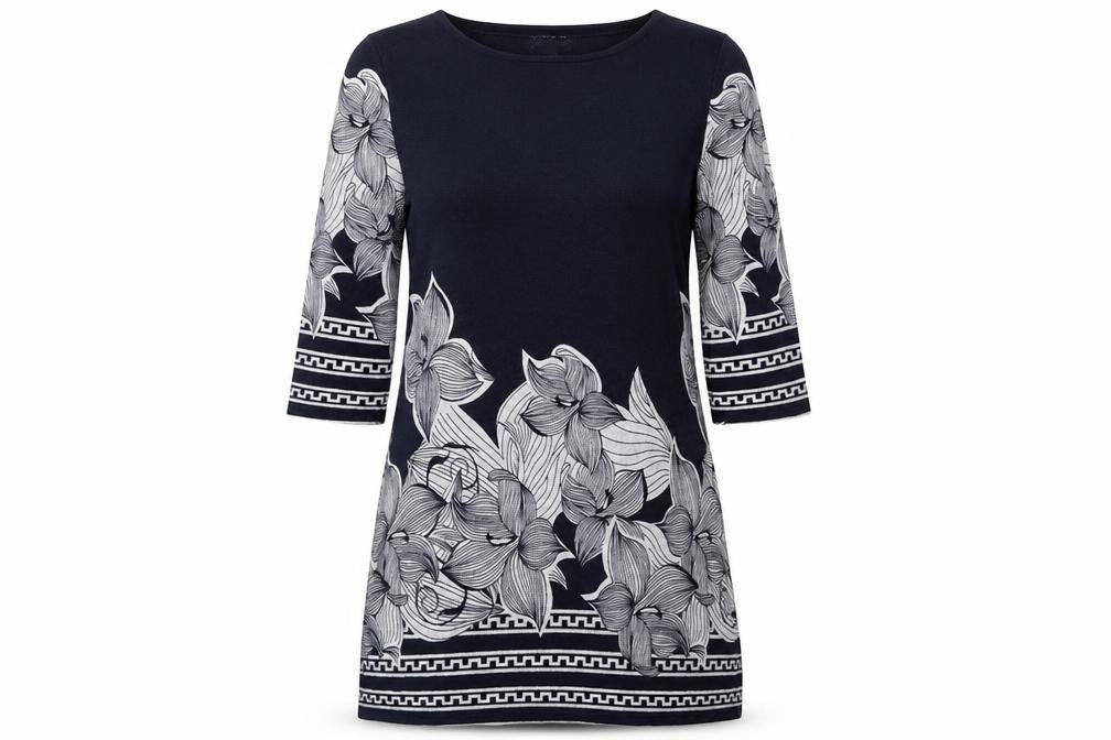Front view of Autonomy women’s blue floral polyester a-line, size UK 12, round neck pullover