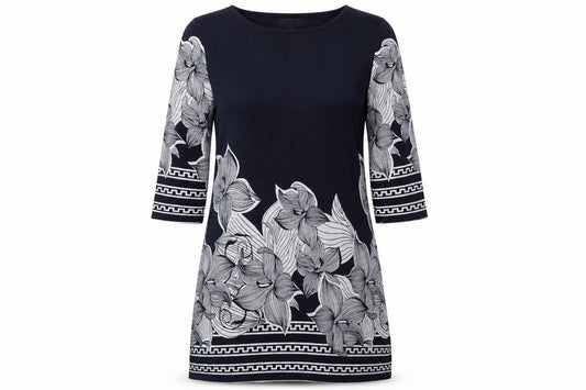 Front view of Autonomy women’s blue floral polyester a-line, size UK 12, round neck pullover