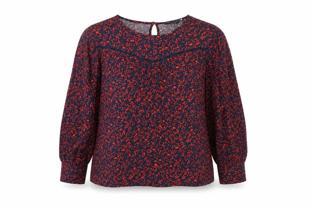 Front view of Marks & Spencer women’s blue geometric viscose basic blouse, size UK 12, round neck