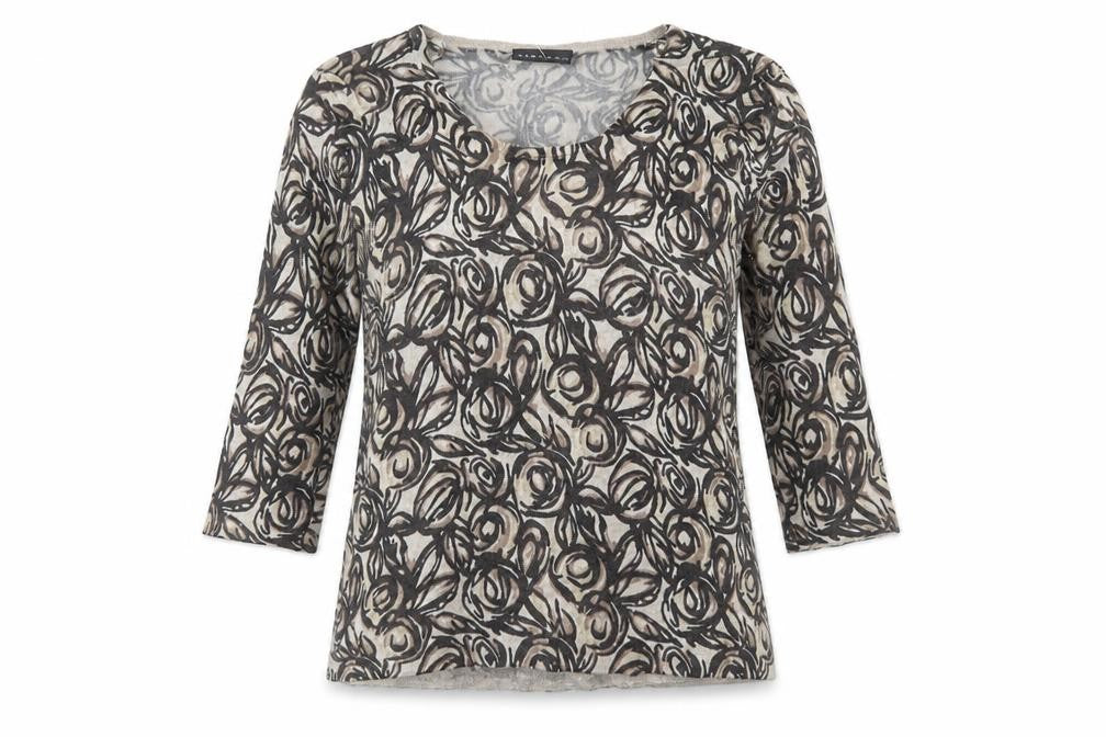 Front view of Alex & Co. women’s brown scoop neck geometric viscose jumper, size UK 10