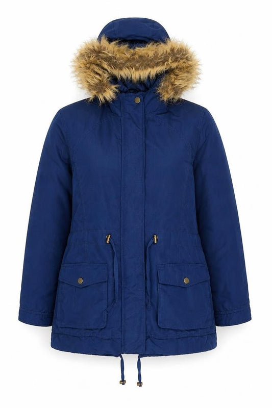Front view of TG women’s blue parka jacket, size UK 10, zip