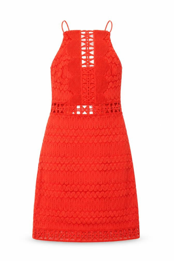 Front view of Topshop women’s orange geometric nylon a-line, size UK 6, square neck zip