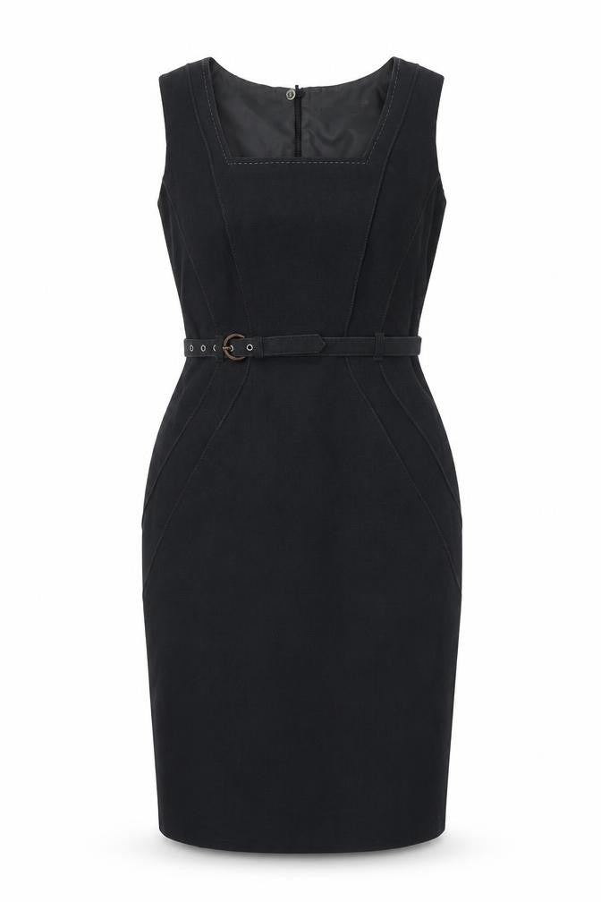 Front view of Marks & Spencer women’s grey polyester shift, size UK 10, square neck buckle